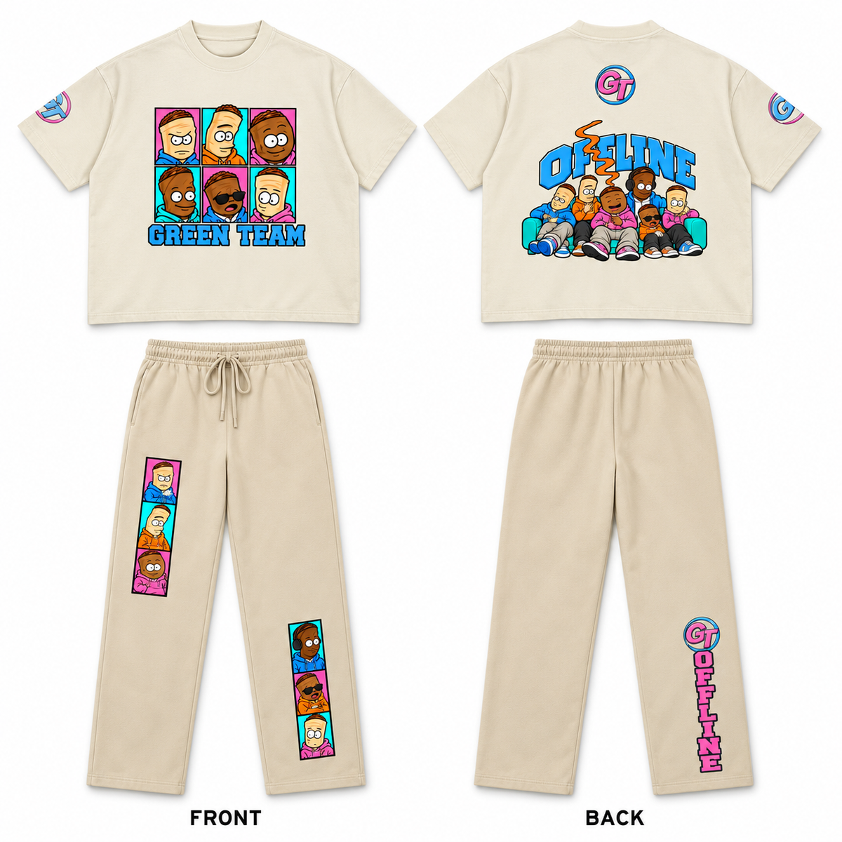 Green Team Offline Tee + Sweatpants Set — Cream & Apricot