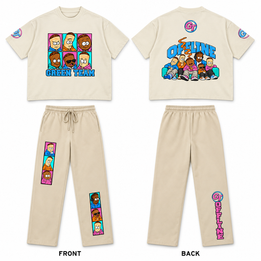 Green Team Offline Tee + Sweatpants Set — Cream & Apricot