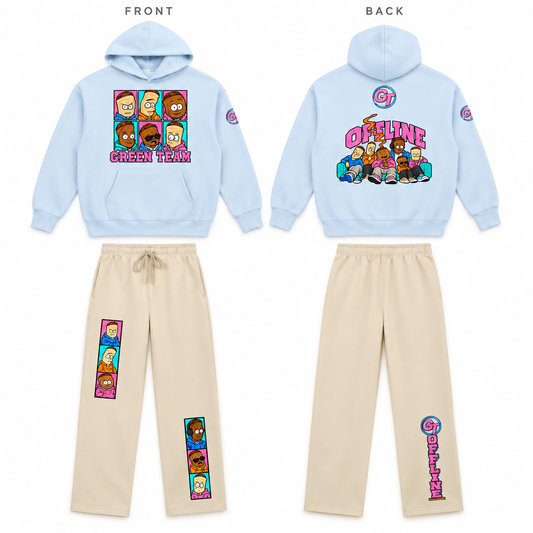 Green Team Offline Hoodie + Sweatpants Set — Light Blue & Apricot